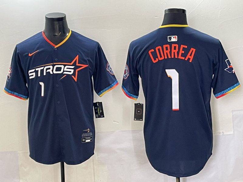 Men 2025 Houston Astros #1 Correa Blue Four generations Joint Name Nike MLB Jersey style 03